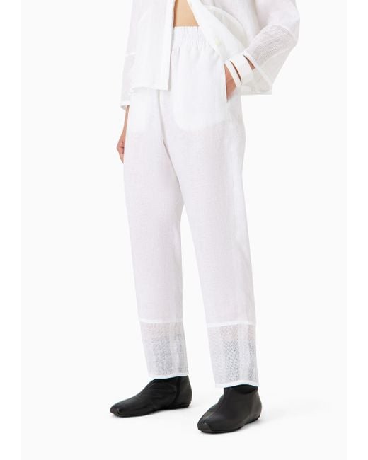 Pantalones Con Cintura Elástica De Lino Puro Con Detalles Cepillados Emporio Armani de color White