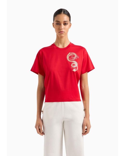 Emporio Armani Red Mercerised-jersey T-shirt With Dragon Print