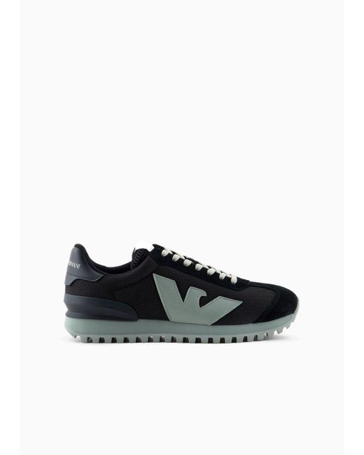 Emporio Armani Black Suede And Mesh Sneakers With Oversized Eagle for men