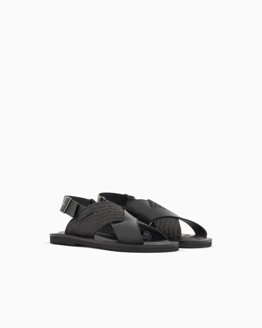 Emporio Armani White Leather And Jacquard Cross-Over Sandals for men