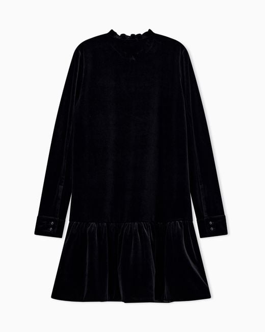 Emporio Armani Black Stretch Chenille Dress With Ruffled Hem And Buttoned Placket