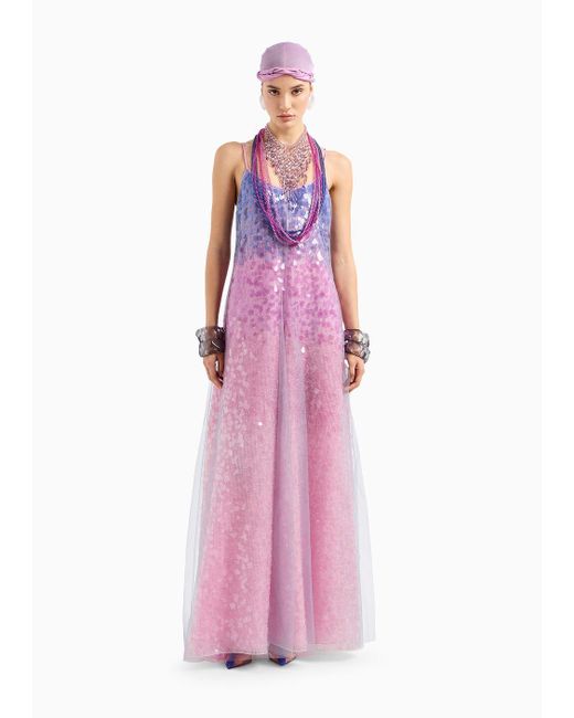 Emporio Armani Purple Silk Organza Dress With Gradient Shade Motif And All-over Bead And Sequin Embroidery
