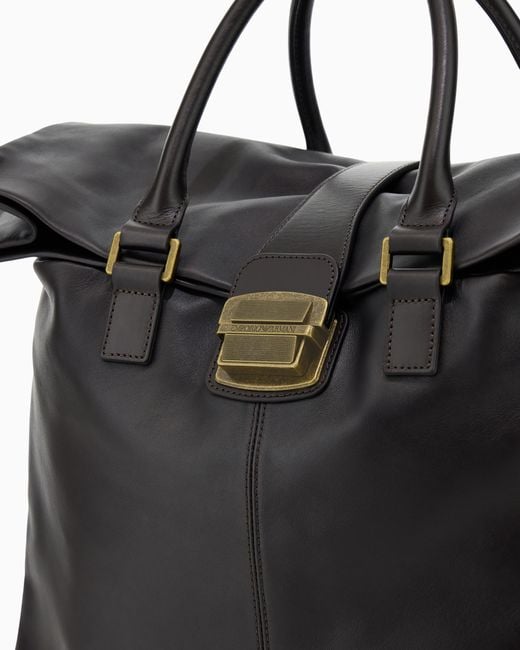Emporio Armani Black Leather Tote Bag With Top Handles And Buckle Closure for men