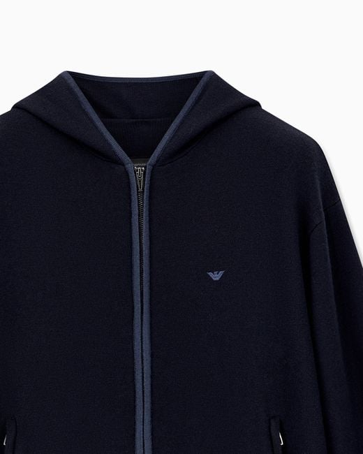 Emporio Armani Blue Travel Essential Virgin Wool Zip-Up Hoodie Cardigan for men