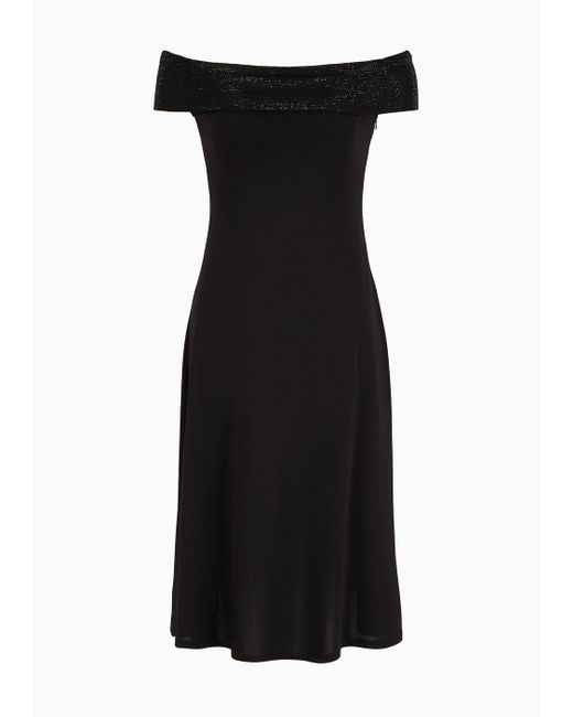 Emporio Armani Black Viscose Stretch Jersey Dress With Rhinestone Neckline