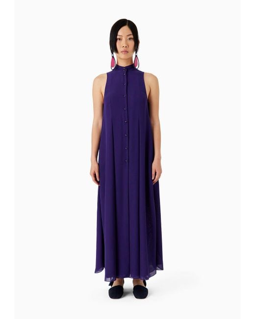 Emporio Armani Purple Long Dress In Georgette With Guru Collar And Flared Lines