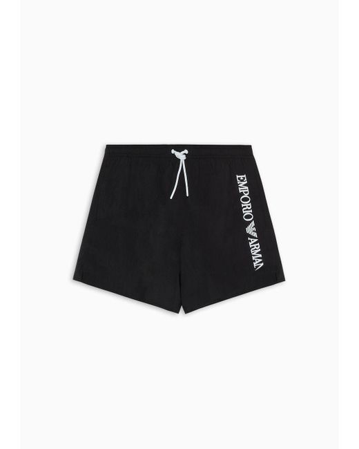 Emporio Armani Black Crinkle Swim Shorts With Logo Embroidery On The Side for men