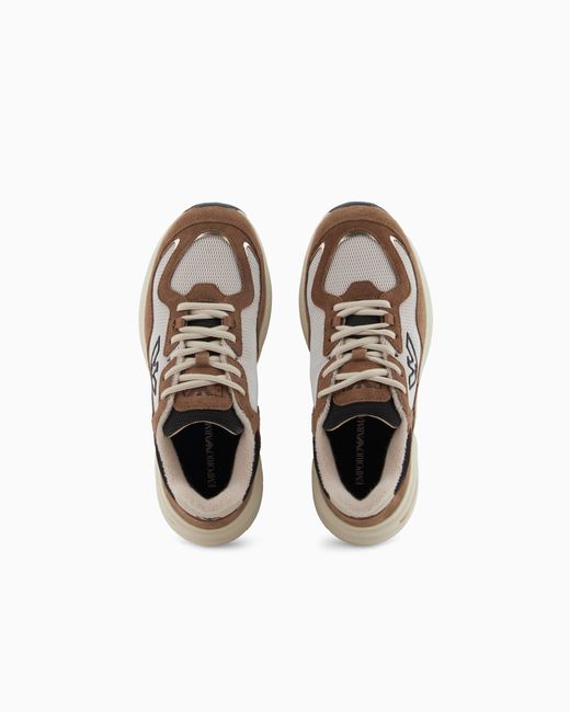 Emporio Armani White Mesh Sneakers With Suede Details And An Eagle Logo