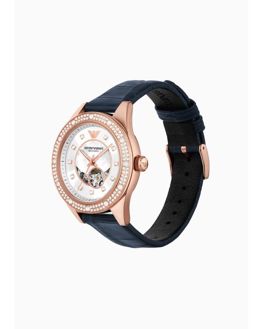 Emporio Armani White Automatic Three-hand Blue Leather Watch