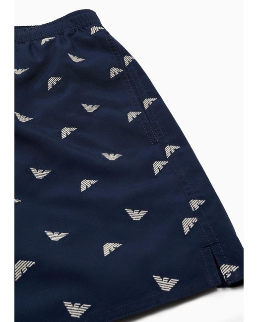 Costume Shorts Con Ricamo Micro Eagle All Over di Emporio Armani in Blue da Uomo