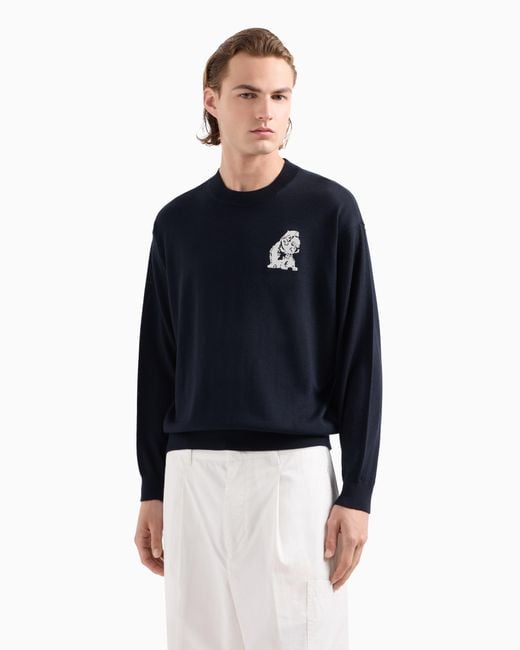 Emporio Armani Blue Plain-Knit Virgin-Wool Jumper With French Bulldog Embroidery for men