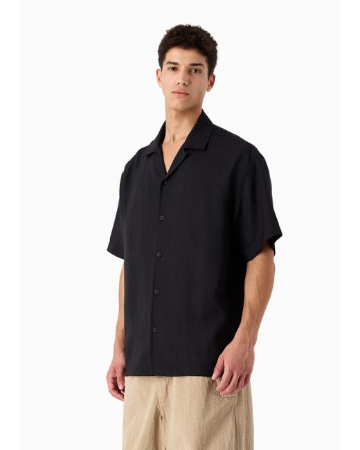 Emporio Armani Blue Sustainability Values Capsule Collection Recycled Modal Short-sleeved Shirt With Embroidery for men