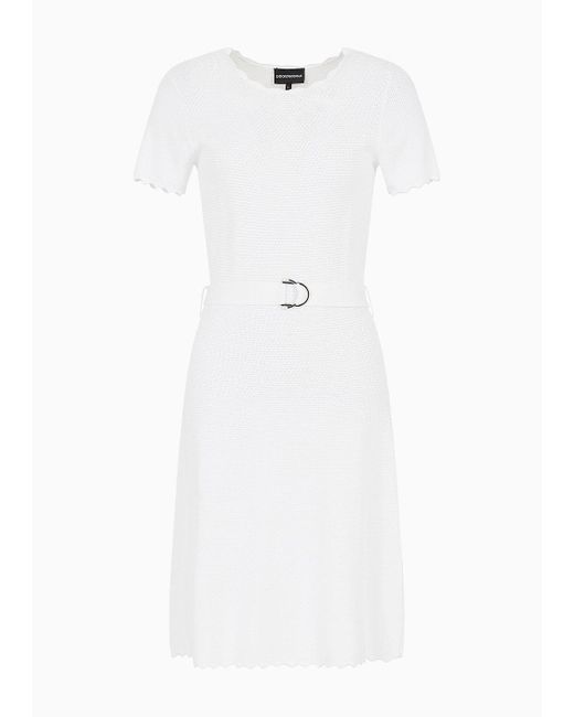 Emporio Armani White Moss-stitch Knit Flared Dress With Belt