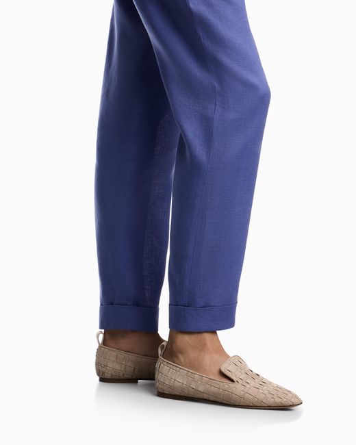 Emporio Armani Blue Pure Linen Trousers With Elasticated Waist