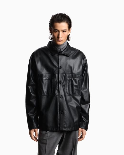 Emporio Armani Black Ultra Light Lambskin Nappa Leather Shirt Jacket for men
