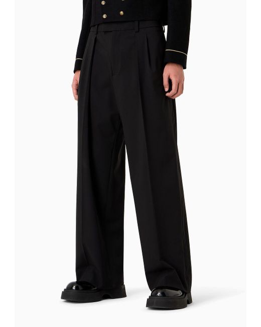 Emporio Armani Black Virgin-wool Two-way Stretch Canvas Trousers With Darts for men