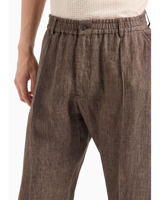 Emporio Armani Brown Crêpe-effect Faded Linen Trousers With Ribbing for men