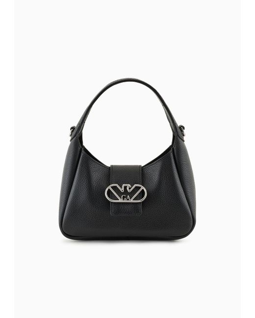 Emporio Armani Black Leather Hobo Handbag With Eagle Buckle