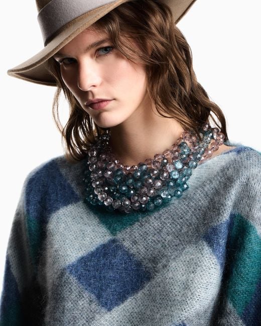 Emporio Armani Blue Pullover Mit U–Boot-Ausschnitt Aus Einer Woll-Mohair-Mischung Mit Allover-Muster