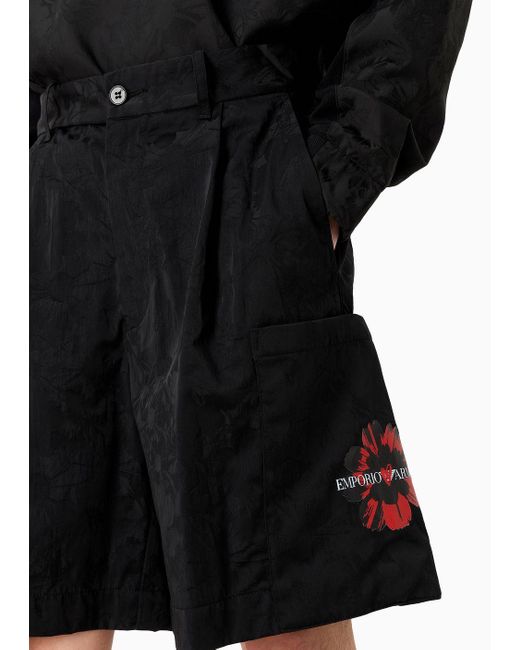 Emporio Armani Black Floral Jacquard Nylon Bermuda Shorts With Mon Amour Print for men