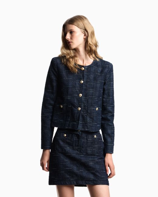 Emporio Armani Blue Jacquard Denim Skirt With Check Motif