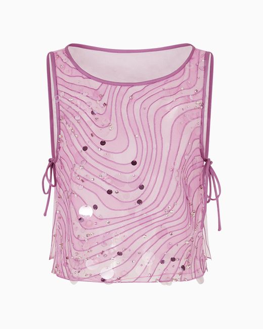 Emporio Armani Pink Silk Organza Top With Embroidery And Sequins