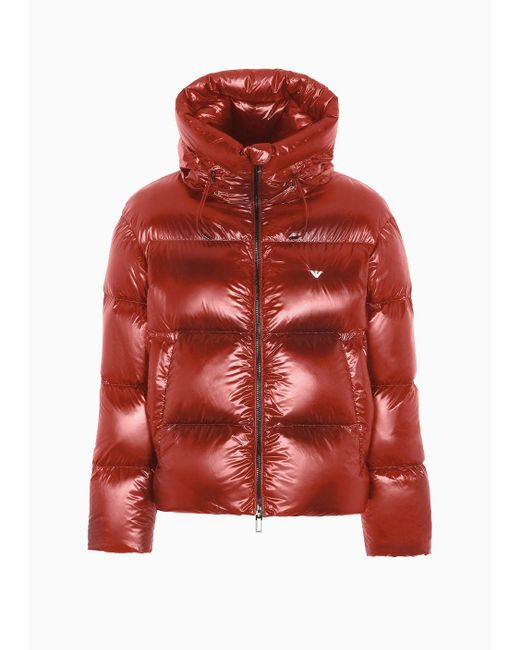 Emporio Armani Red Water-repellent Hooded Down Jacket In Quilted Nylon for men