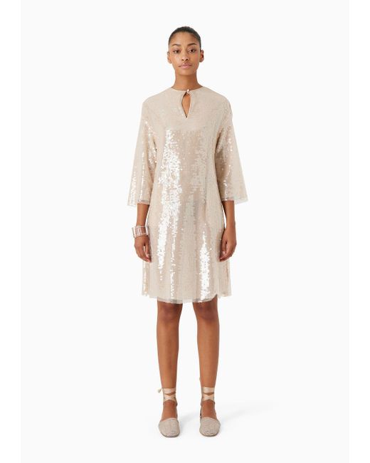 Emporio Armani Natural Midi Dress With All-over Sequins And Belt