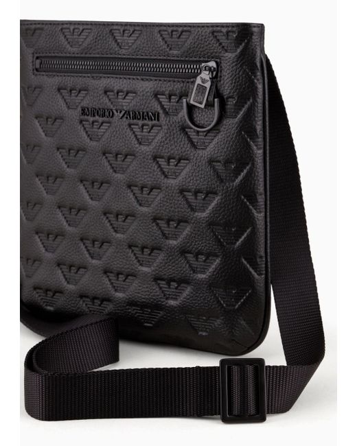 Emporio Armani Black Flat Leather Shoulder Bag With All-over Embossed Eagle for men