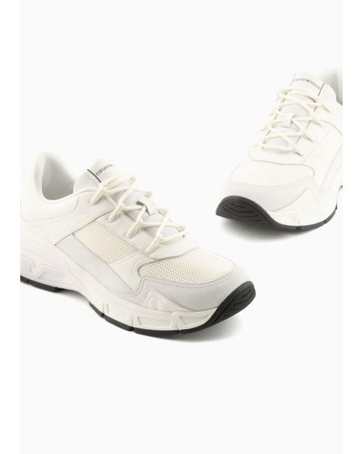 Sneakers In Pelle Suede E Dettagli In Maglia di Emporio Armani in White da Uomo