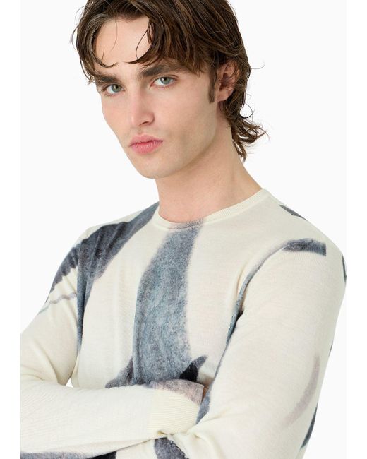 Emporio Armani Gray Plain-knit Virgin-wool Jumper With All-over Abstract Nature Print for men