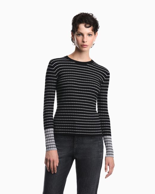 Emporio Armani Blue Slim Fit Ribbed Pullover With Crew Neck And Striped Pattern