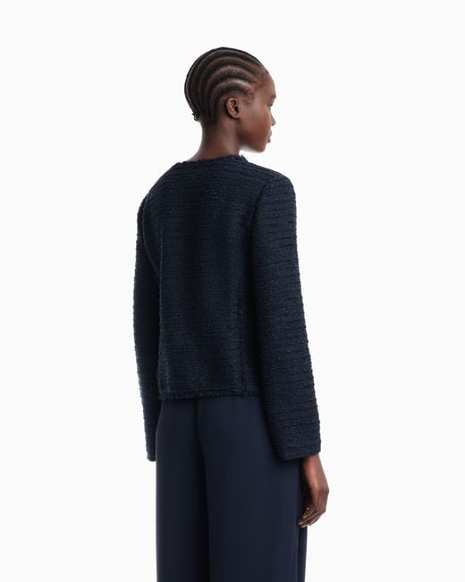 Emporio Armani Blue Unlined Textured Jacket With Ottoman Bows And Round Neckline