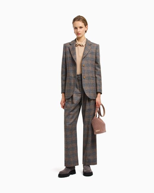 Emporio Armani Gray Icon Virgin-Wool Blend Single-Breasted Blazer With Check Motif