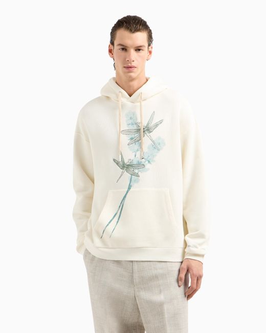 Emporio Armani White Asv Jersey Hooded Sweatshirt With Dragonfly Print And Embroidery for men