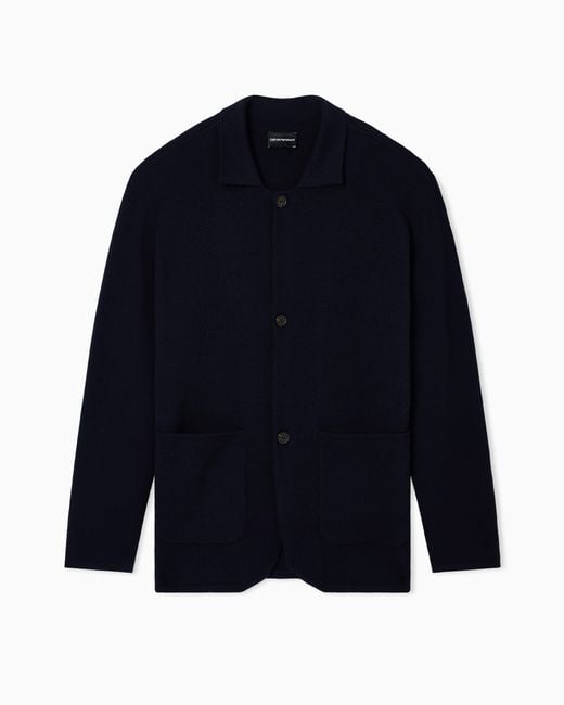 Emporio Armani Blue Plain-Knit Virgin-Wool Jacket for men