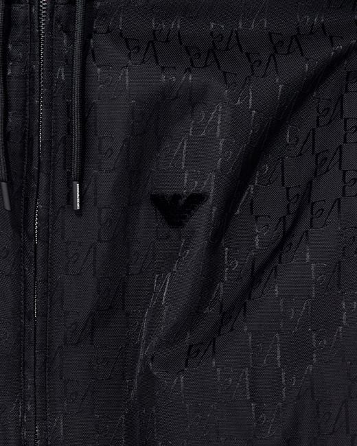 Emporio Armani Blue Hooded Blouson Jacket With An All-Over Monogram Pattern for men