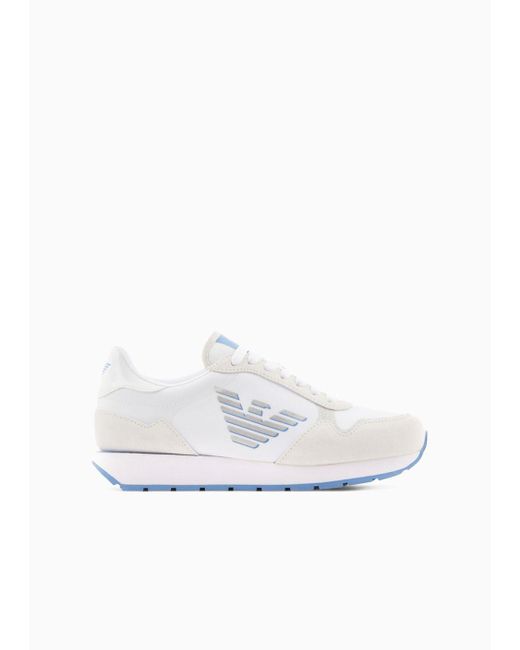 Emporio Armani White Suede And Nylon Sneakers With Oversized Eagle