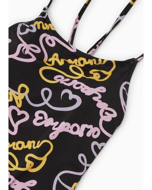 Emporio Armani Black Padded One-piece Swimsuit With Logomania Print
