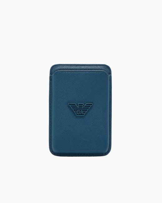 Emporio Armani Blue Regenerated Saffiano Magnetic Card Holder for men
