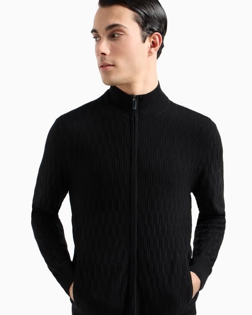 Cardigan Full Zip A Punto Operato Misto Lyocell Asv di Emporio Armani in Black da Uomo