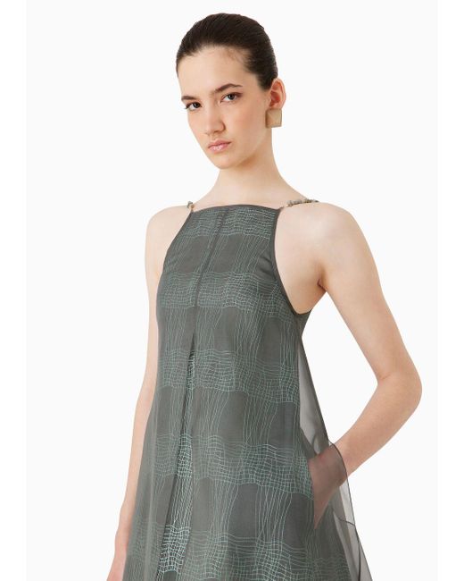 Emporio Armani Gray Flared Dress In Check-embroidered Organza