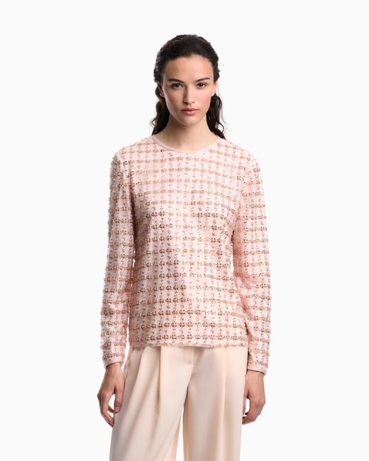 Emporio Armani Pink Tulle Top With Sequin And Bead Embroidery