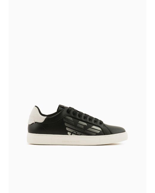 Emporio Armani Black Asv Regenerated-leather Sneakers With Oversized Eagle And Suede Back