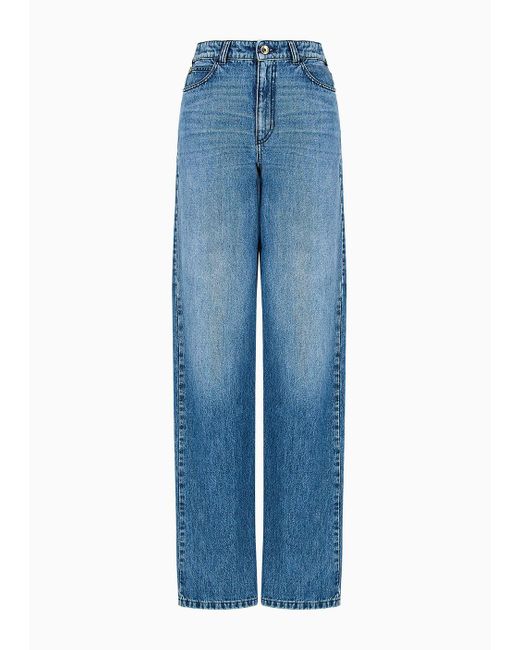 Jeans J4b Vita Alta Wide Leg In Denim Effetto Used Con Portachiavi Petali di Emporio Armani in Blue