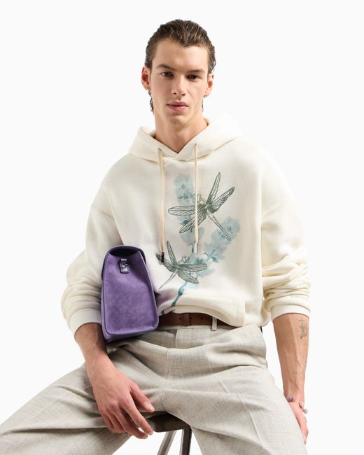 Emporio Armani White Asv Jersey Hooded Sweatshirt With Dragonfly Print And Embroidery for men