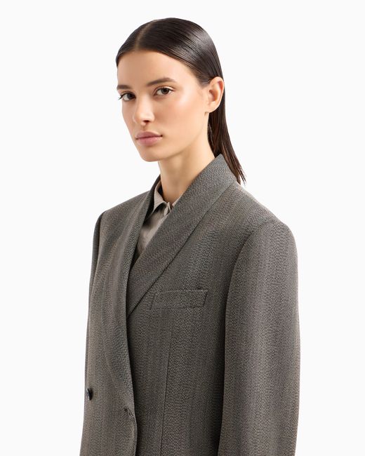 Emporio Armani Gray Mouliné Wool-Blend Chevron Motif Double-Breasted Blazer With Shawl Collar