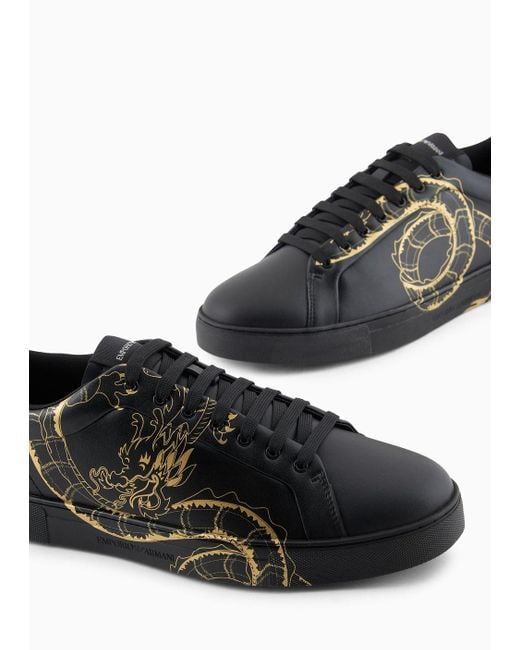 Emporio Armani Sneaker Aus Leder Mit Drachen-print in Black für Herren