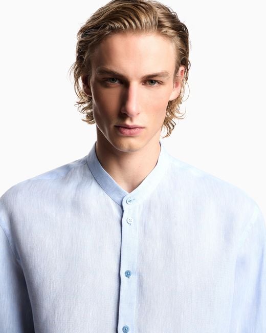 Emporio Armani Blue Pure Linen Shirt With Guru Collar for men