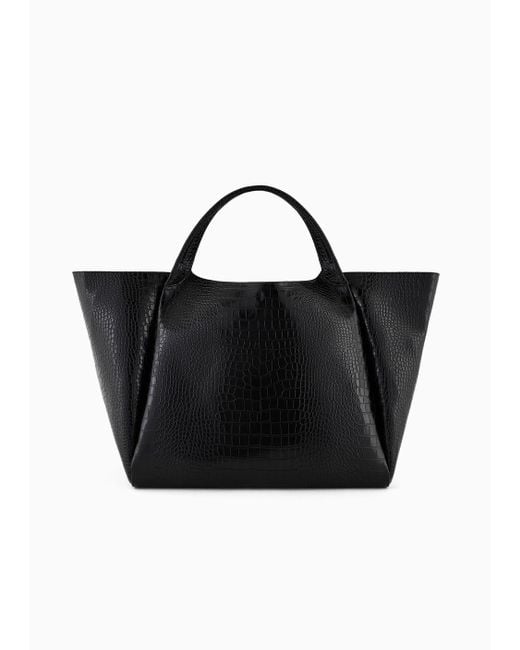 Emporio Armani Black Oversized Shopper Bag With Mock-croc Finish And Logo Charm